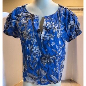 J.Crew Womens Blue Tropical Floral Bird Print Linen Split Neck Blouse Size S